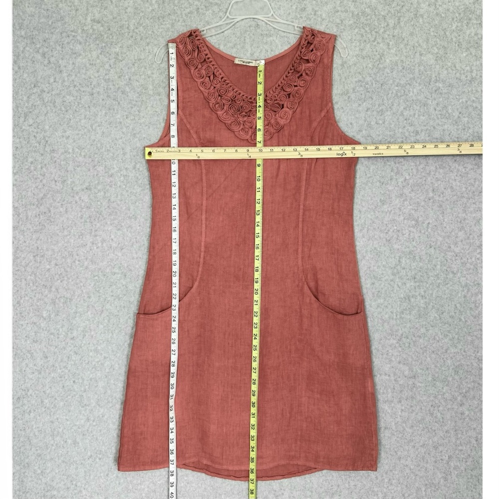 Lungo L'Arno 100% Linen Dress Womens Large Lagenlook Shift Pockets Rosette READ - Picture 12 of 14